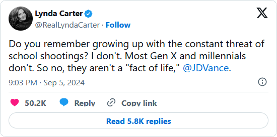 Twitter post from Lynda Carter about school shootings: Do you remember growing up with the constant threat of school shootings? I don't. Most Gen X and millennials don't. So no, they aren't a fact of life, JDVance.