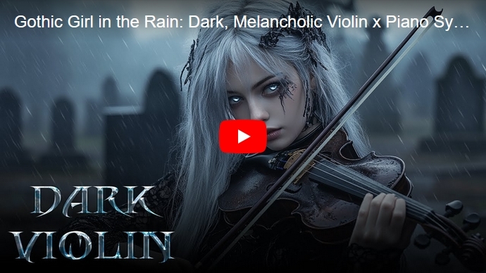 YouTube video of AI-generated goth girls playing sad violin and piano at Demon Violin YouTube channel